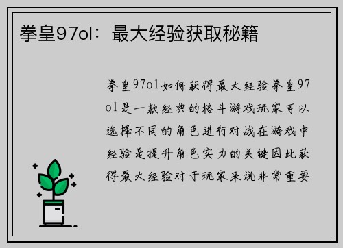 拳皇97ol：最大经验获取秘籍